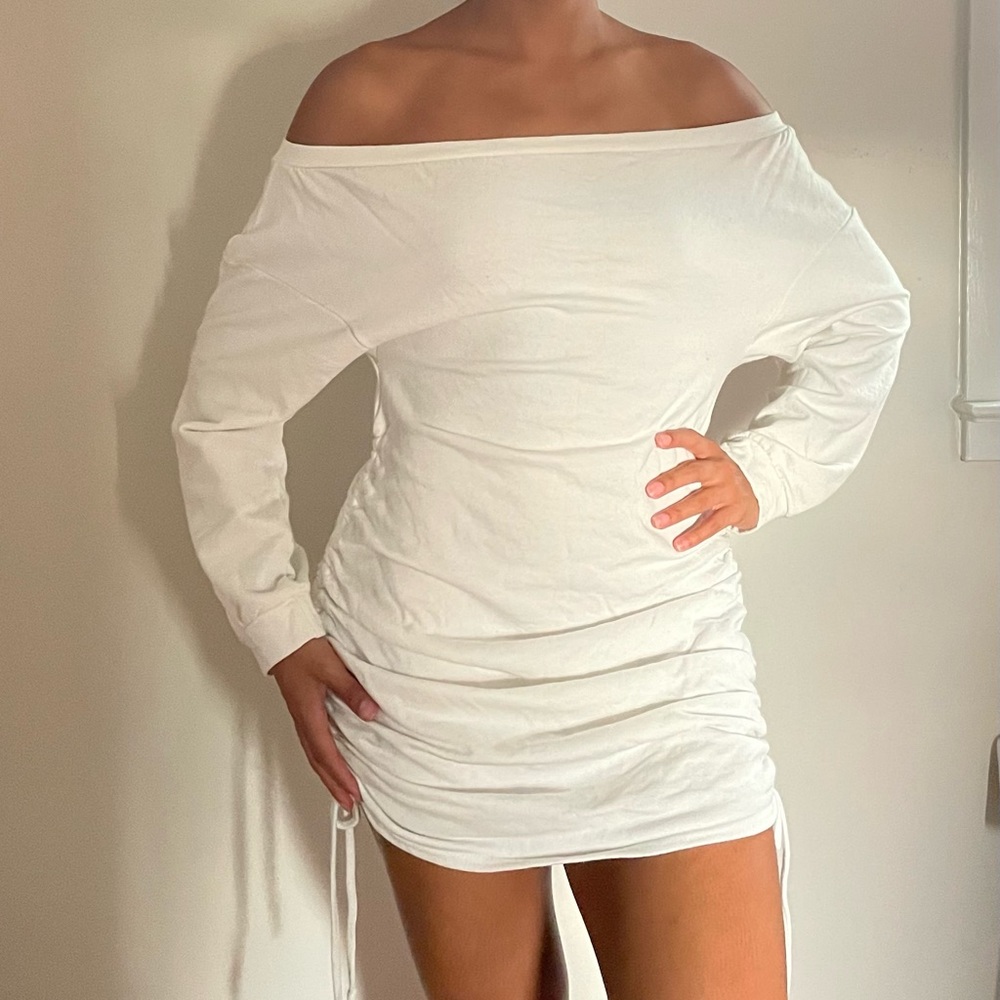 Long Sleeve Off the Shoulder Side Ruched Dress